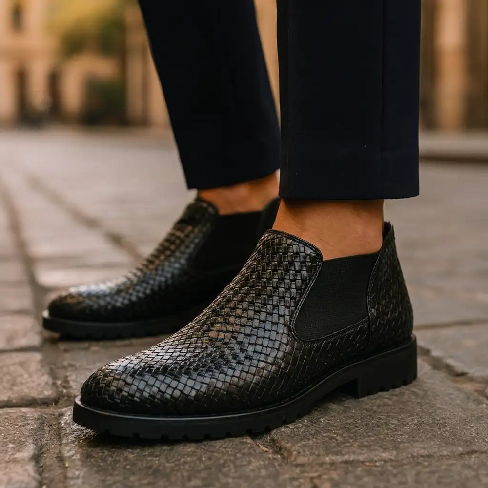 Black woven leather ankle boots with elastic side panels, shown on a person wearing dark trousers on a cobblestone street.