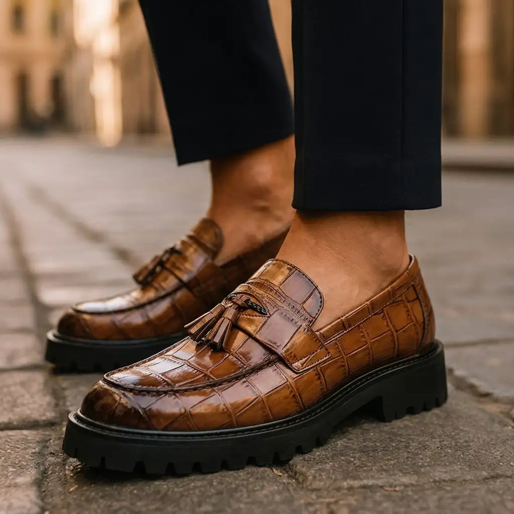 A pair of brown crocodile-embossed leather tassel loafers with chunky black lug soles, worn with navy trousers on a cobblestone street.