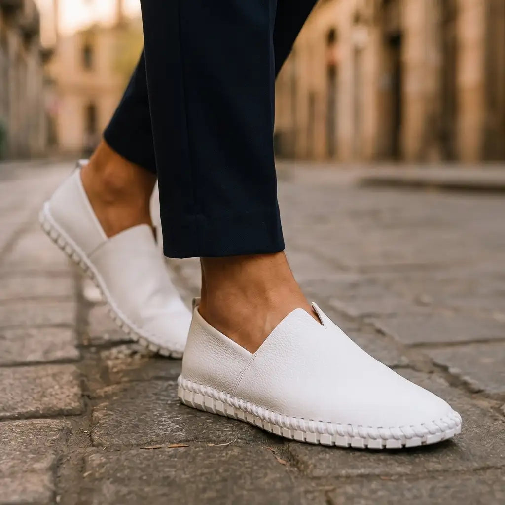 White Dawson men's stitched loafers, worn, side view