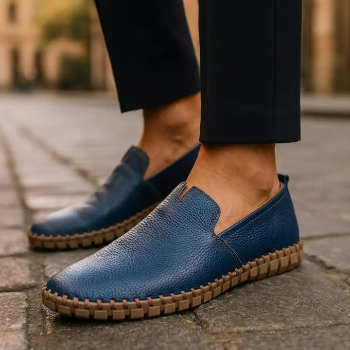 Blue Dawson men's stitched loafers, worn, side view