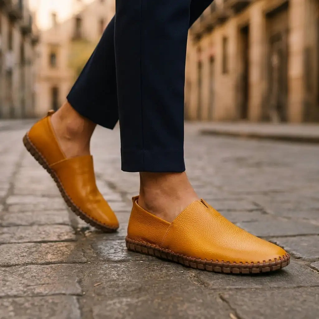 Warm Tan Dawson men's stitched loafers, worn, side view