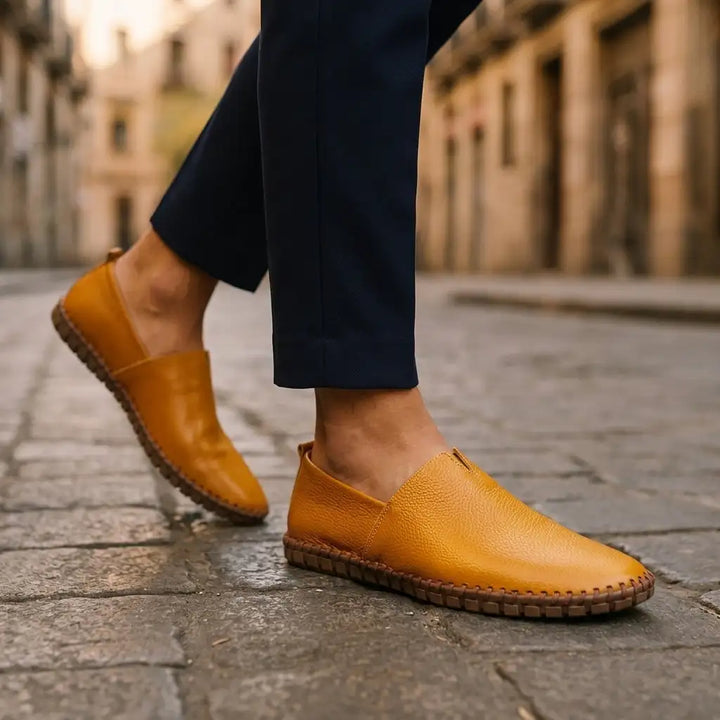 Warm Tan Dawson men's stitched loafers, worn, side view