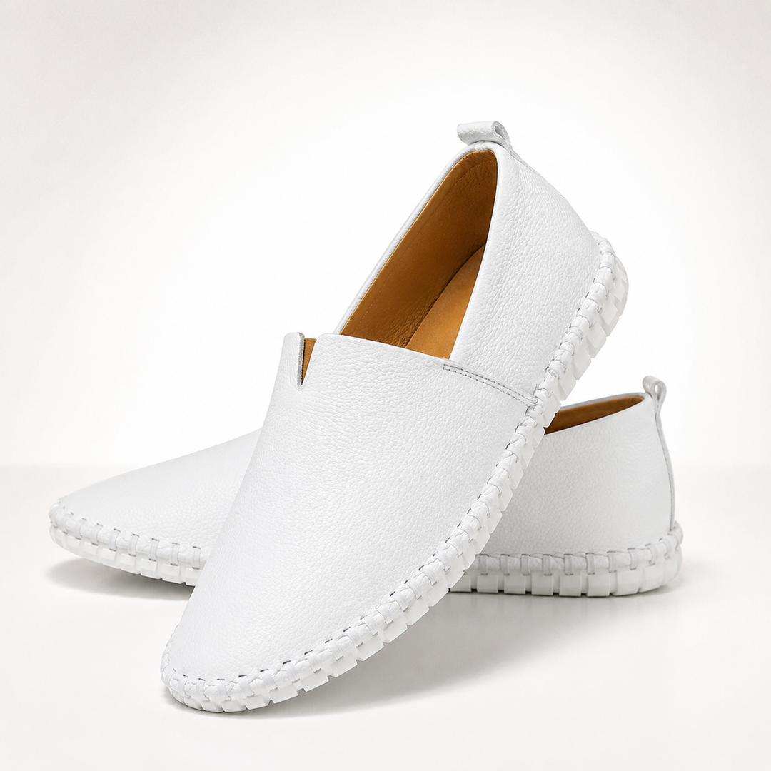 White Dawson men's stitched loafers, pair, angled view
