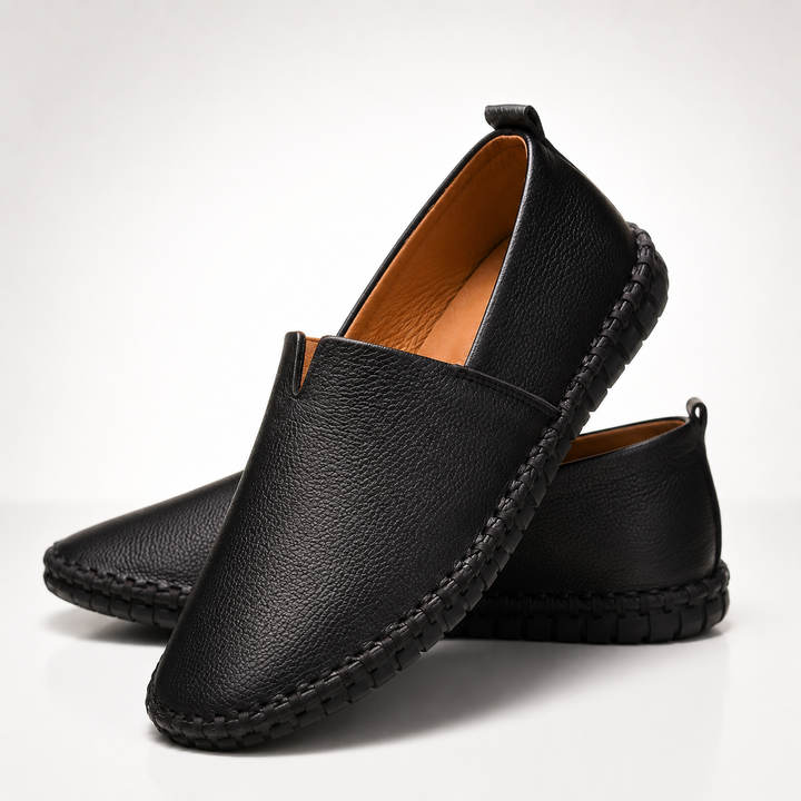 Black Dawson men's stitched loafers, pair, angled view
