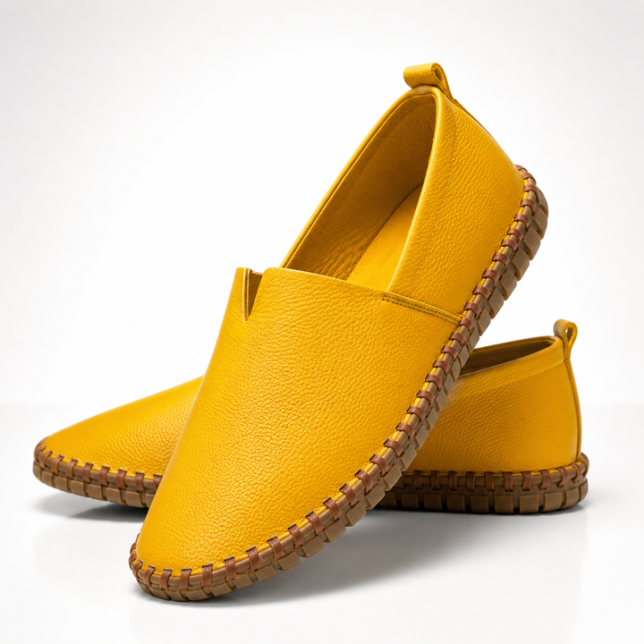 Yellow Dawson men's stitched loafers, pair, angled view