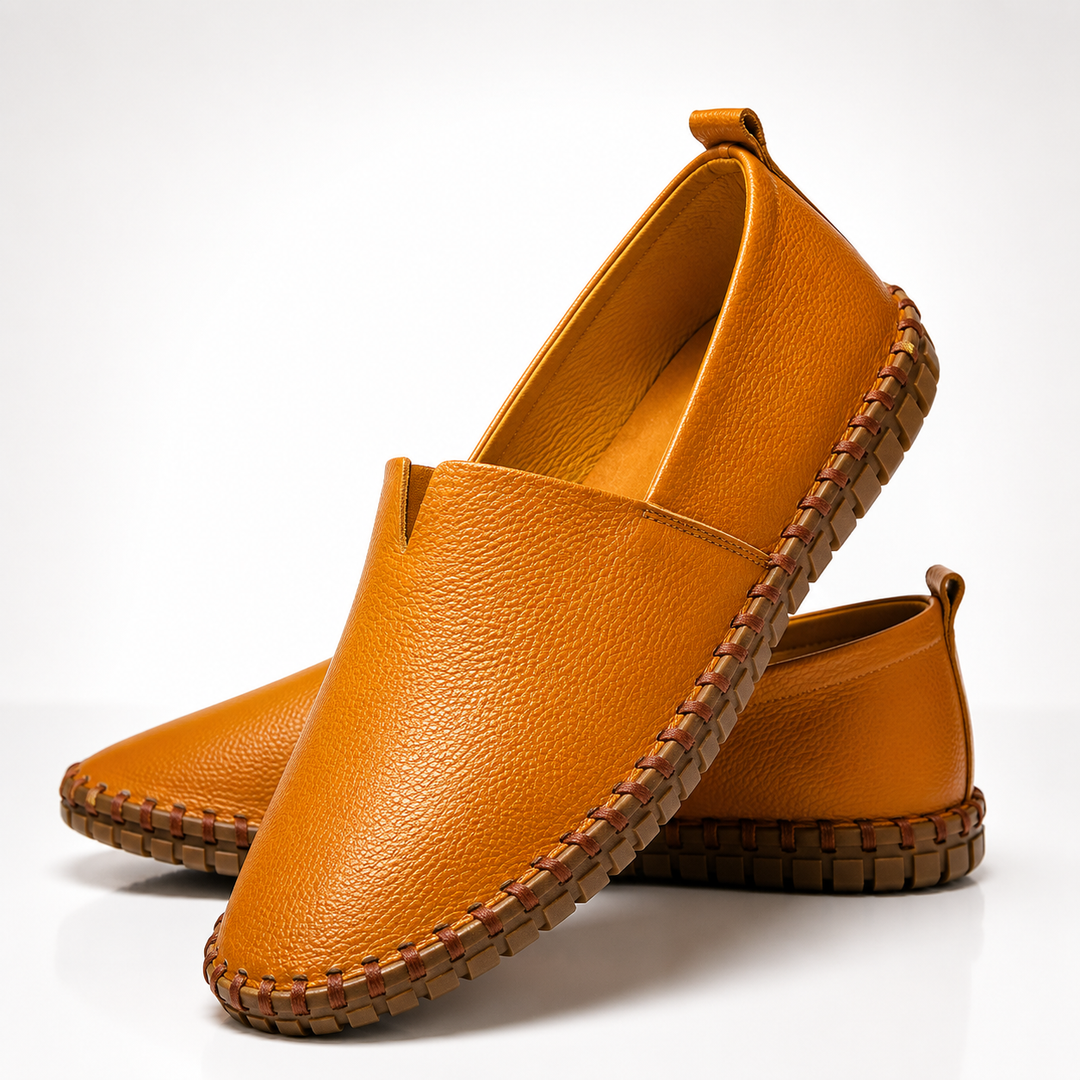 Warm Tan Dawson men's stitched loafers, pair, angled view