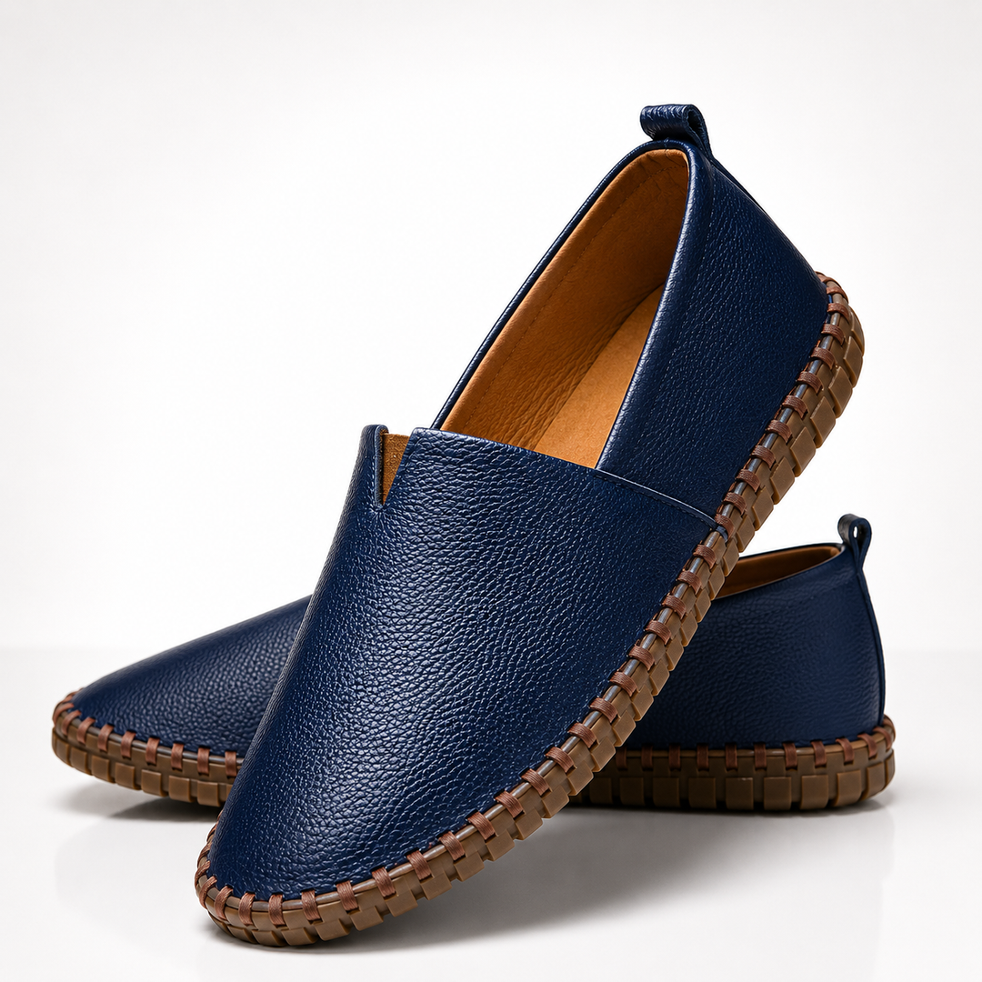 Blue Dawson men's stitched loafers, pair, angled view