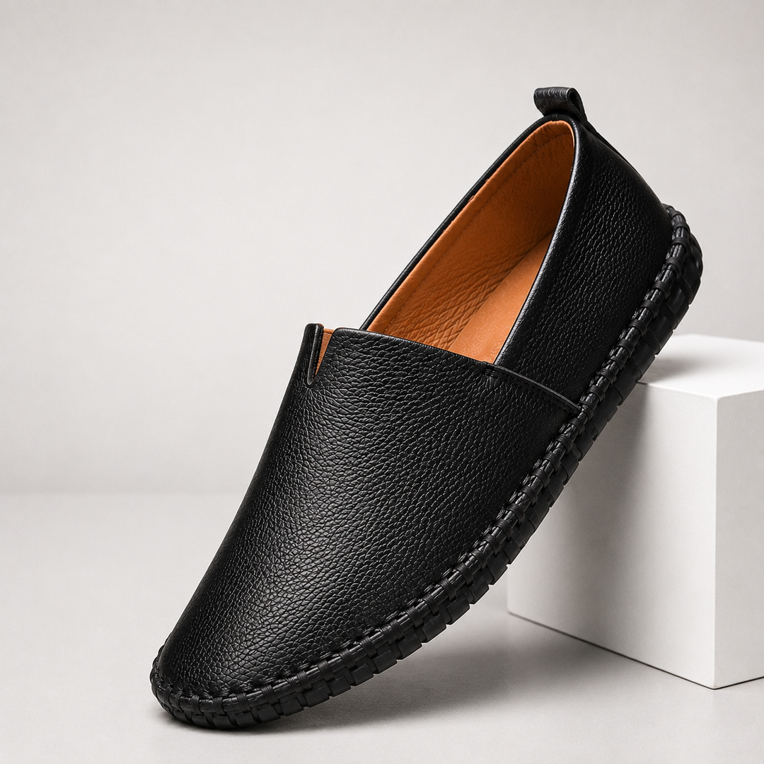 Black Dawson men's stitched loafers, side view