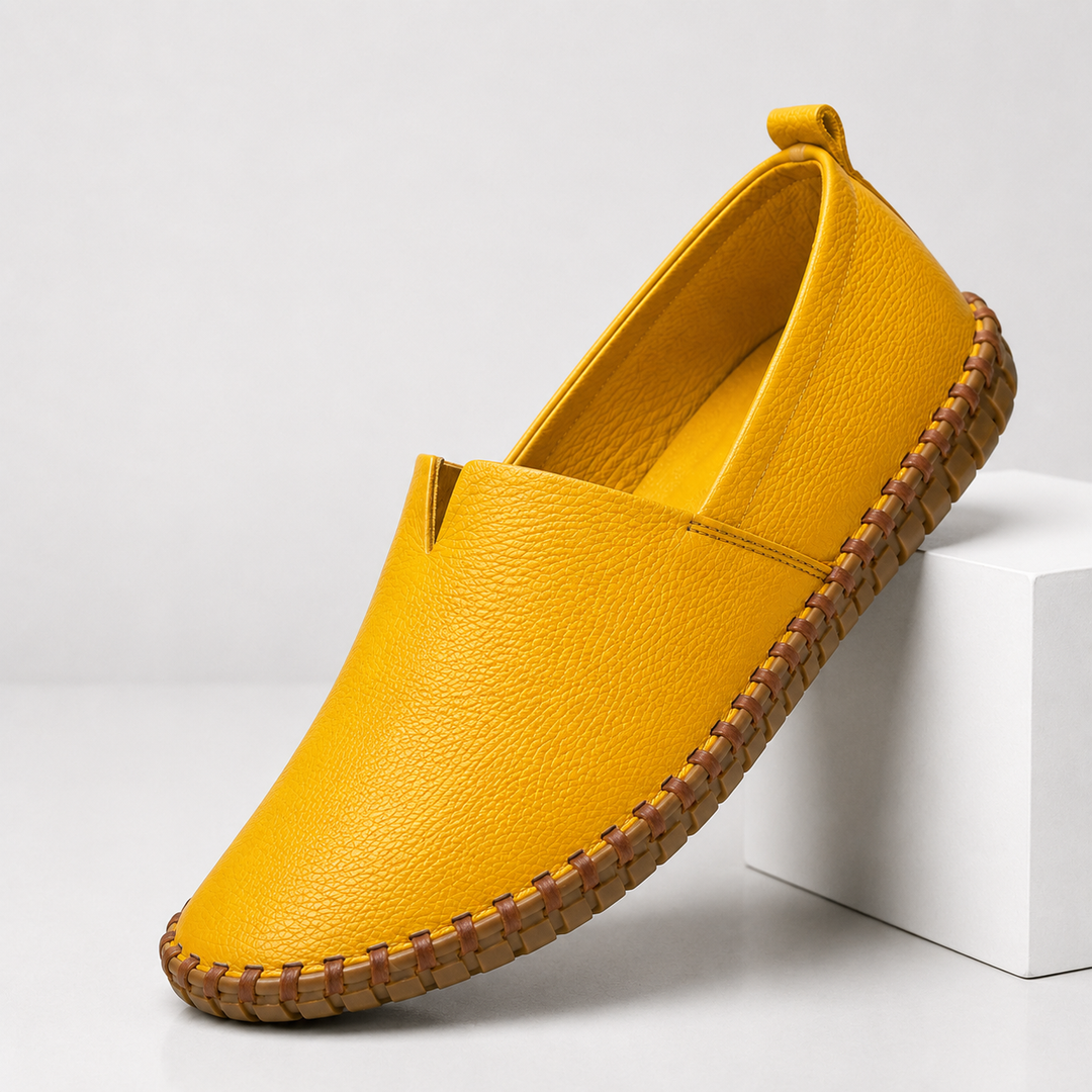Yellow Dawson men's stitched loafers, side view
